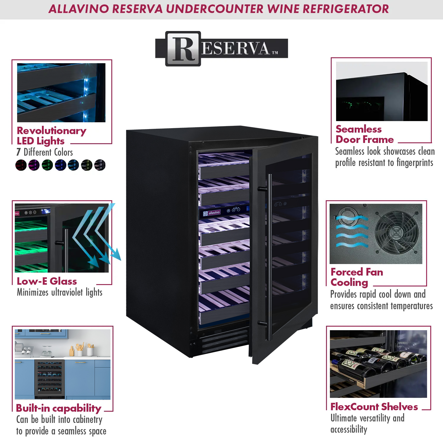 Reserva Series 50 Bottle Dual Zone Undercounter Wine Cooler Refrigerator with Black Stainless Steel Door - Right Hinge - Allavino BDW5034D-2BSR - Allavino - Wine Fridge Pros
