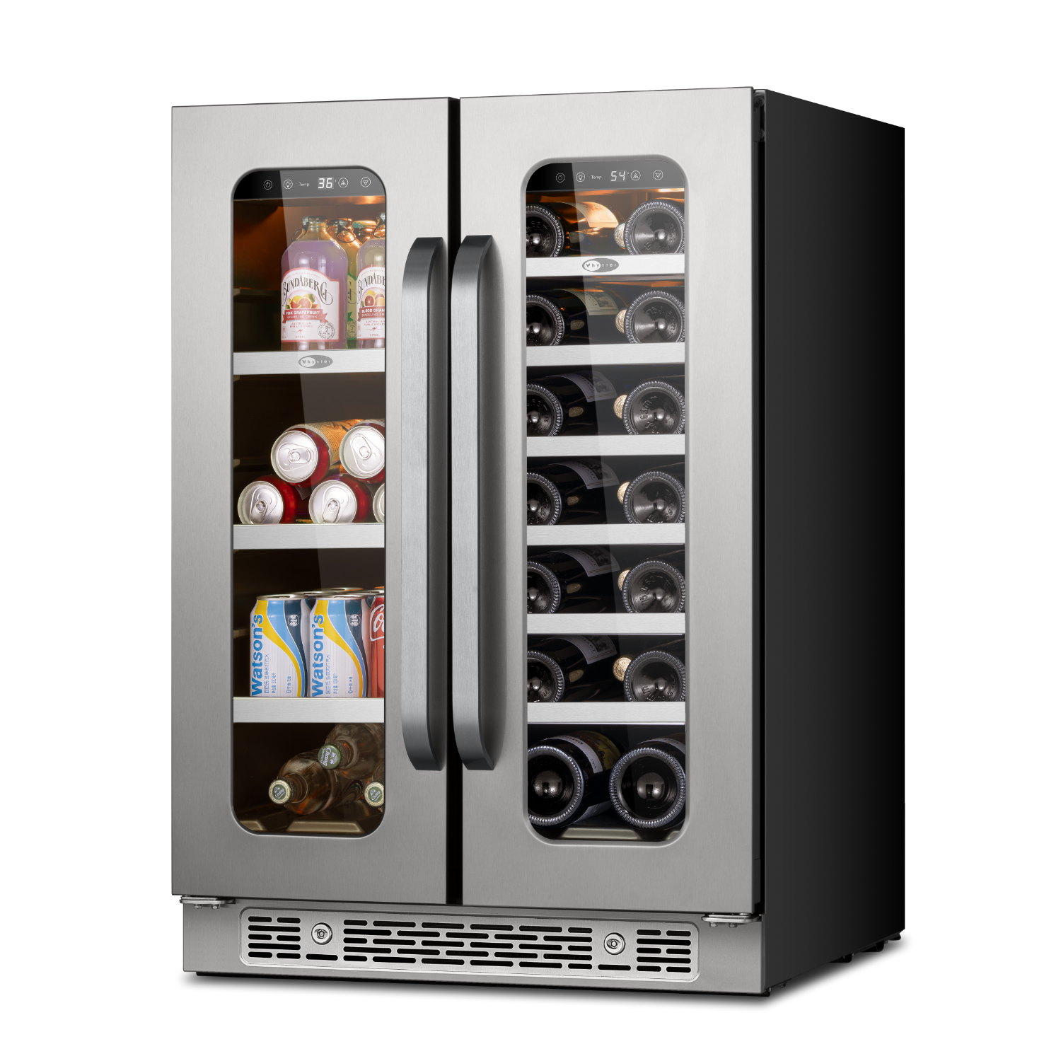 24″ Built-In French-door Dual Zone Seamless Stainless Steel 76 Can 20 Bottle Beverage/Wine Refrigerator | Whynter BSR-6020FDS