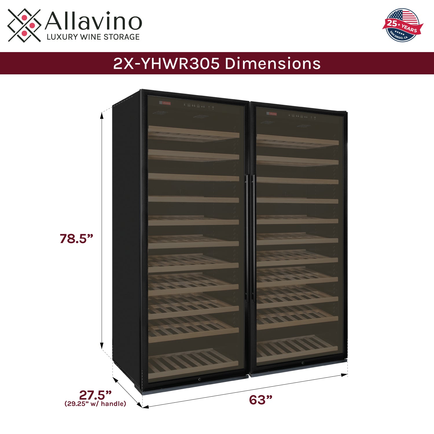 63" Wide Vite II Tru-Vino 554 Bottle Dual Zone Black Side-by-Side Wine Refrigerator - Allavino 2X-YHWR305-1B20 - Allavino - Wine Fridge Pros