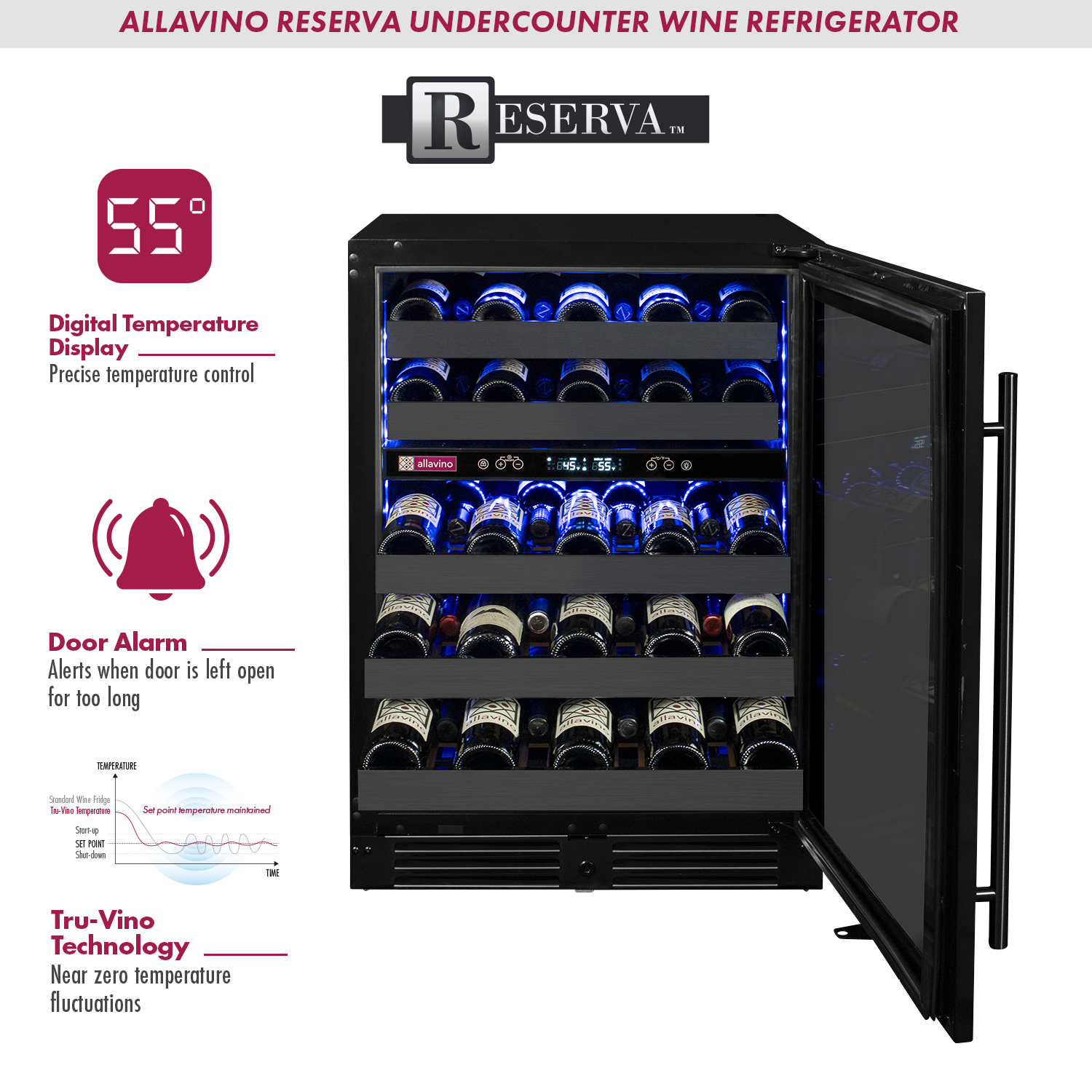 Reserva Series 50 Bottle Dual Zone Undercounter Wine Cooler Refrigerator with Black Stainless Steel Door - Right Hinge - Allavino BDW5034D-2BSR - Allavino - Wine Fridge Pros