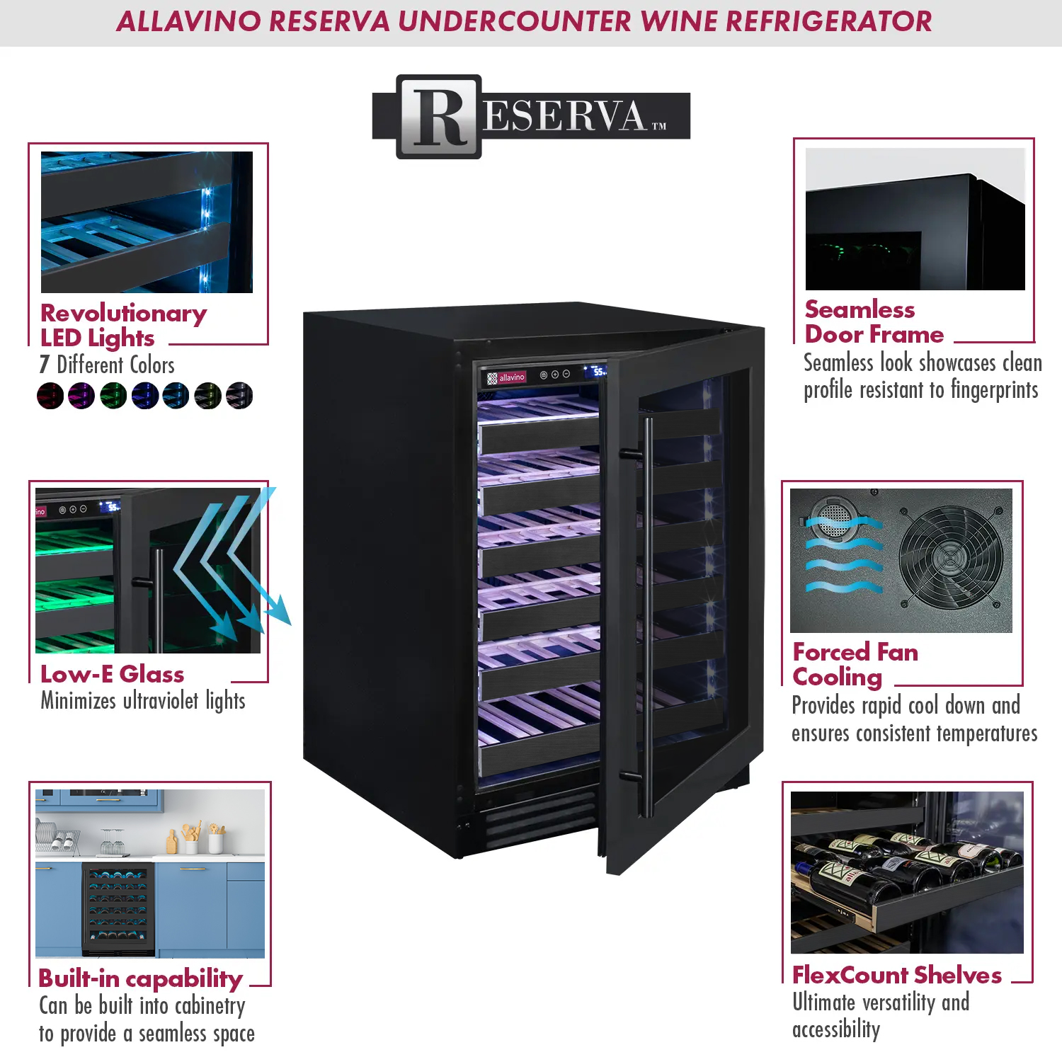 Reserva Series 50 Bottle Single Zone Built-in Luxury Wine Refrigerator with Black Stainless Steel Door - Right Hinge - Allavino BDW5034S-1BSR - Allavino - Wine Fridge Pros