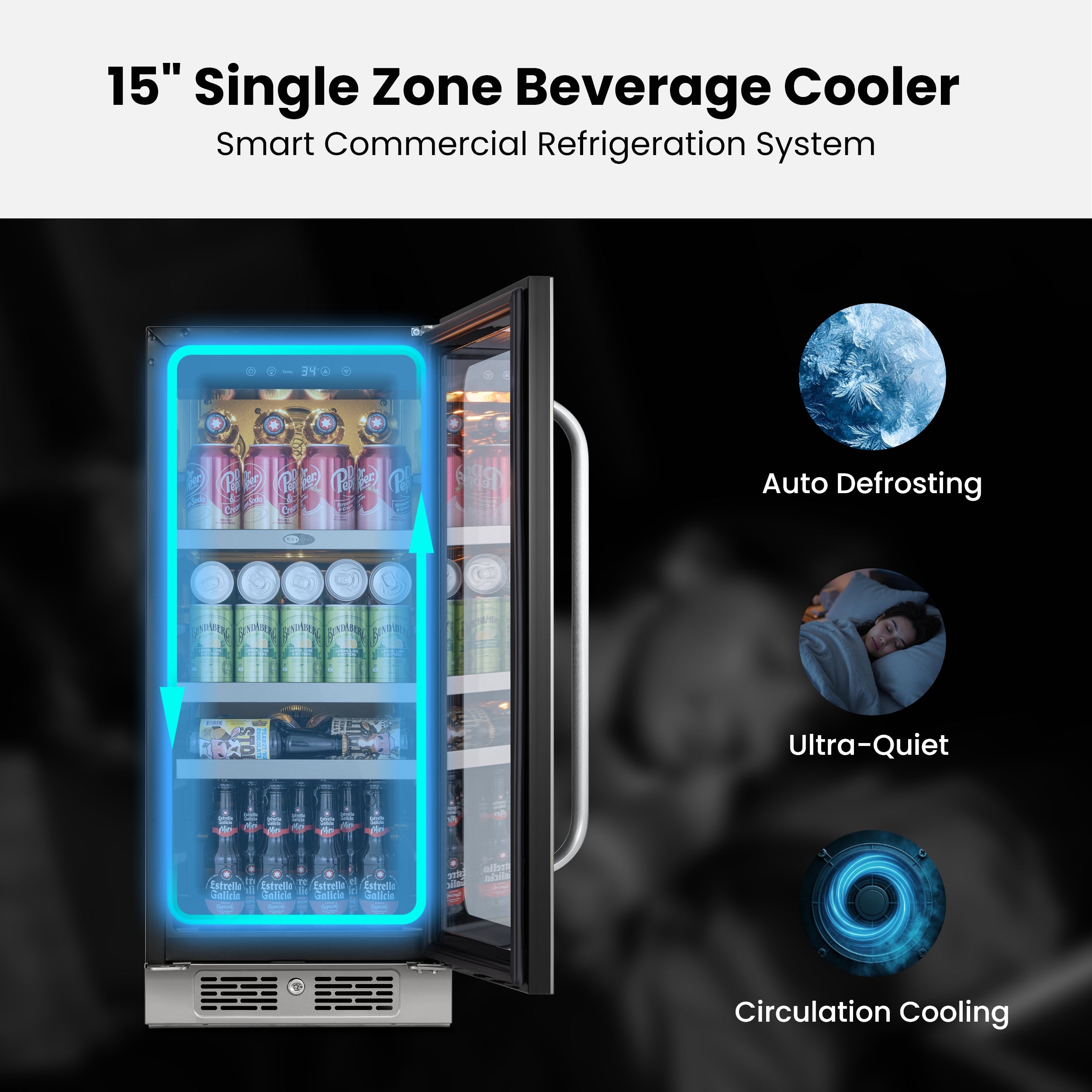 15″ Undercounter 128 Cans Seamless Stainless Steel Beverage Fridge | BSR-080SB