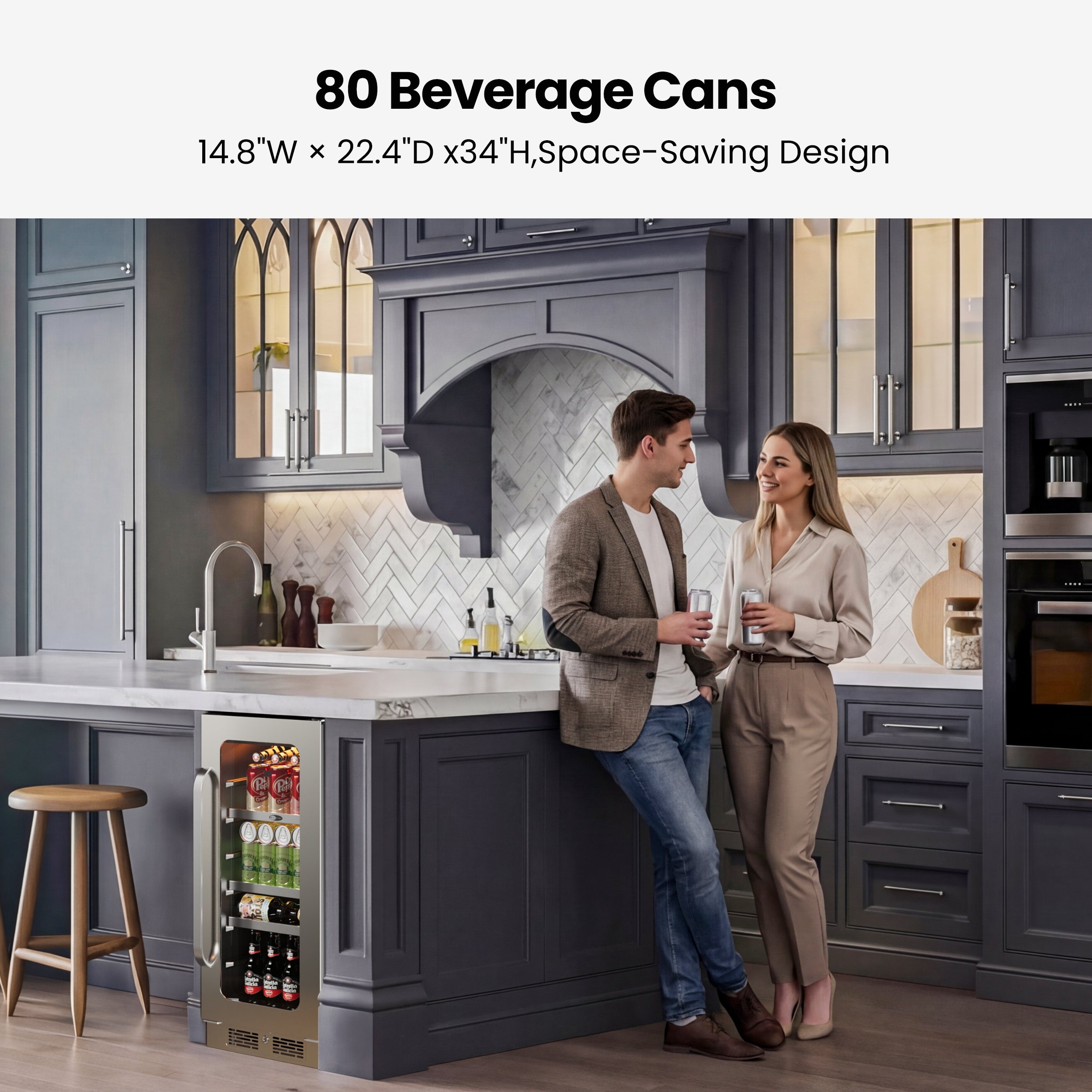 15″ Undercounter 128 Cans Seamless Stainless Steel Beverage Fridge | BSR-080SB