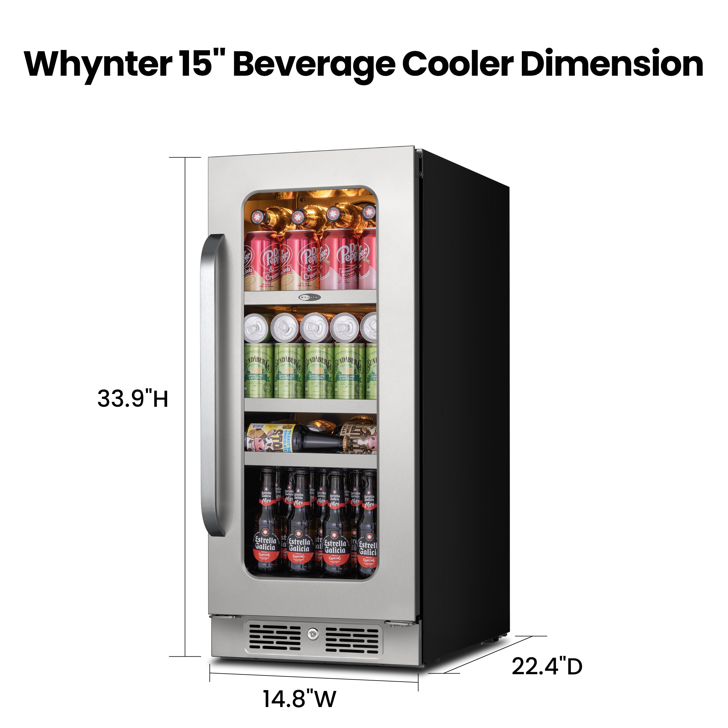 15″ Undercounter 128 Cans Seamless Stainless Steel Beverage Fridge | BSR-080SB