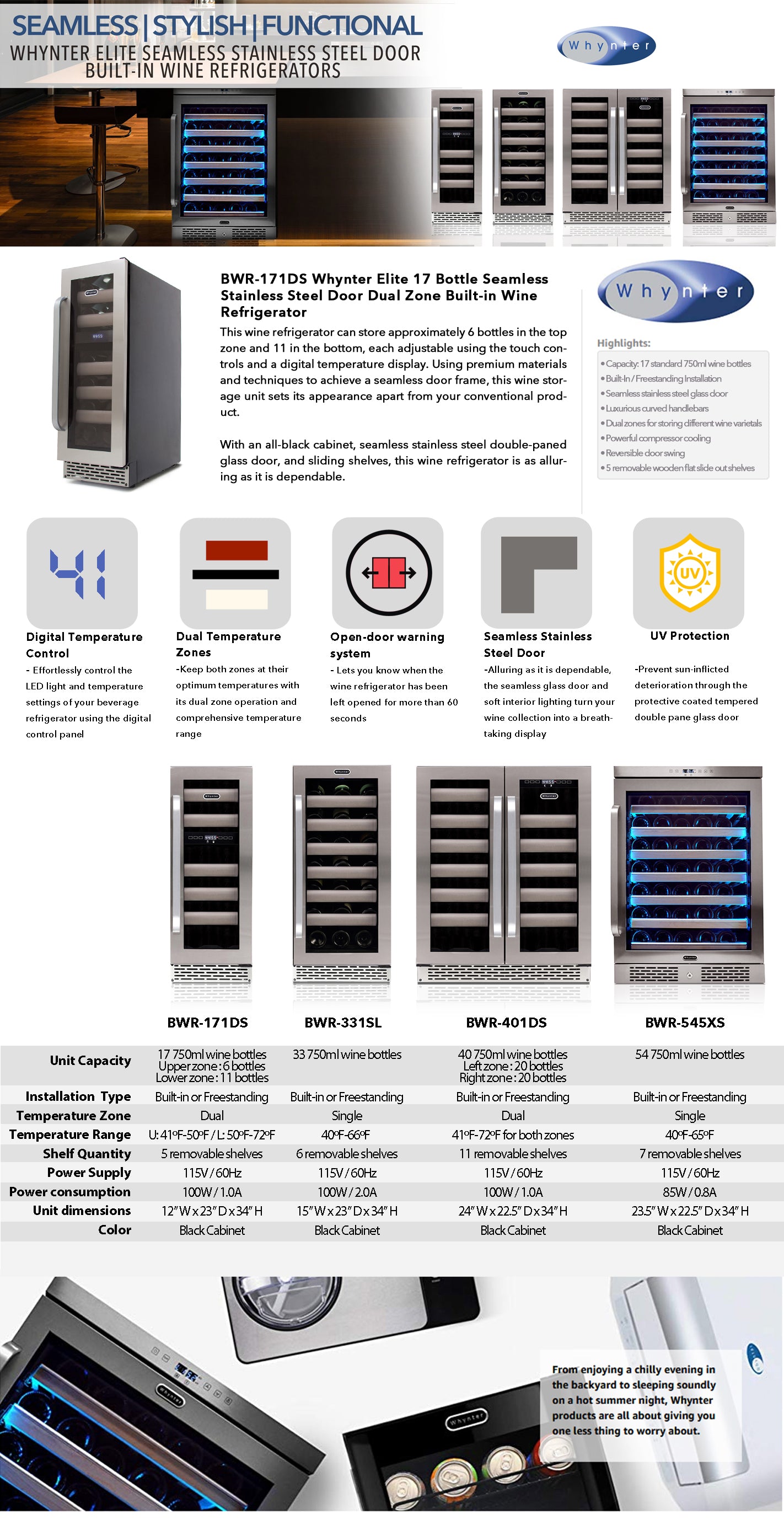 Elite 17 Bottles Seamless Stainless Steel Door Dual Zone Built-in Wine Refrigerator - Whynter BWR-171DS - Whynter - Wine Fridge Pros