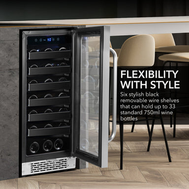 33 Bottle 15" Undercounter Stainless Steel Wine Refrigerator with Reversible Door, Digital Control, Lock, and Carbon Filter - BWR-308SB - Whynter - Wine Fridge Pros