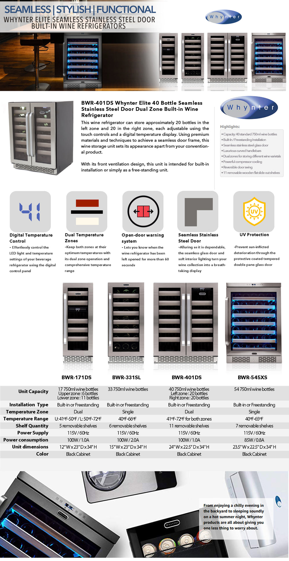 Elite 40 Bottle Seamless Stainless Steel Door Dual Zone Built-in Wine Refrigerator - Whynter BWR-401DS - Whynter - Wine Fridge Pros