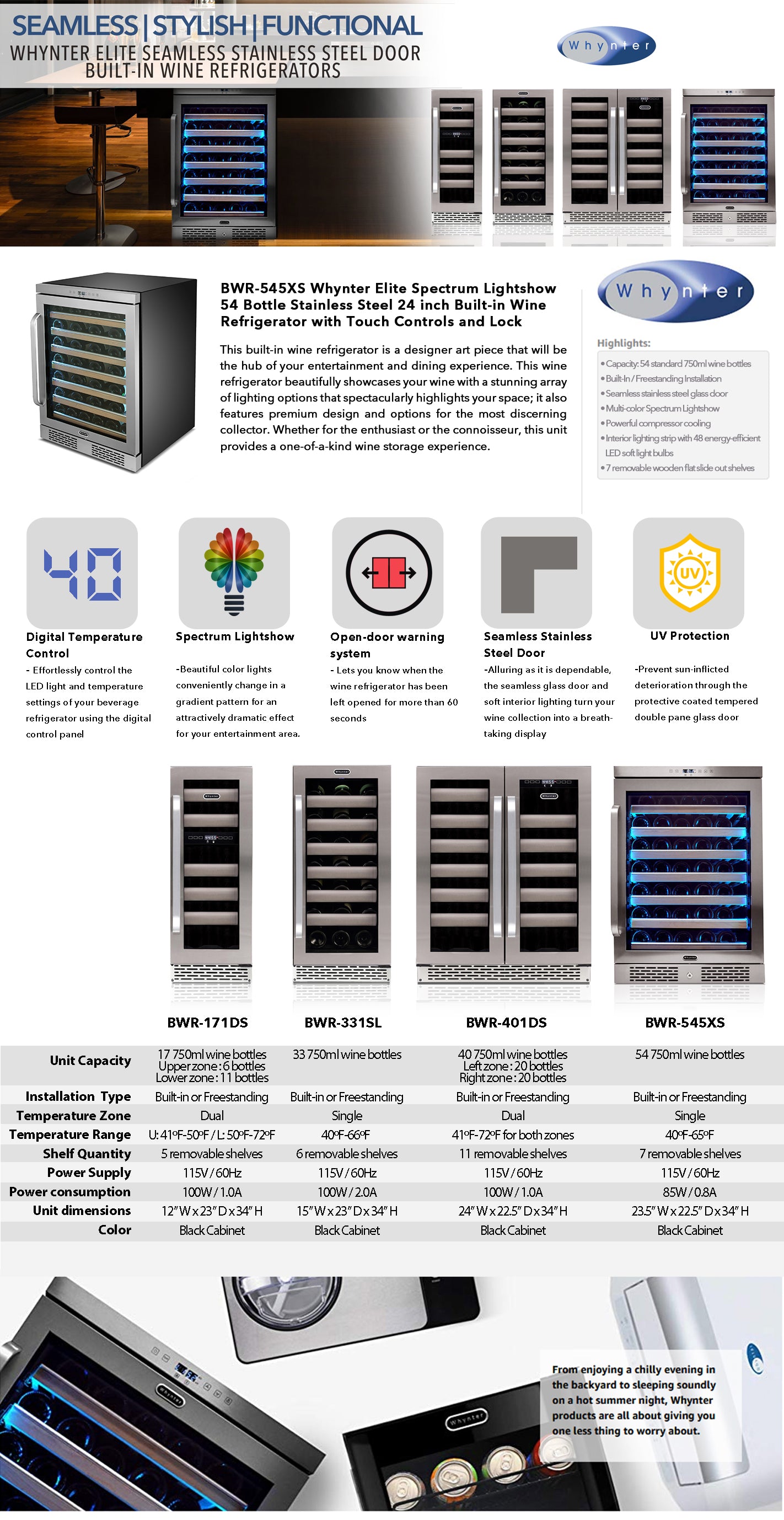 Elite Spectrum Lightshow 54 Bottle Stainless Steel 24" Built-in Wine Refrigerator with Touch Controls and Lock - Whynter BWR-545XS - Whynter - Wine Fridge Pros