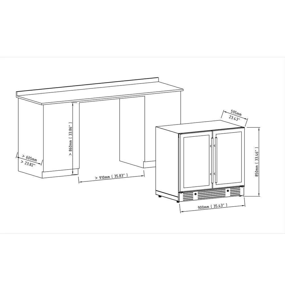 36-inch Under Bench Dual-Zone Wine Cooler with Low-E Glass Door - KingsBottle KBU190W2 - KingsBottle - Wine Fridge Pros