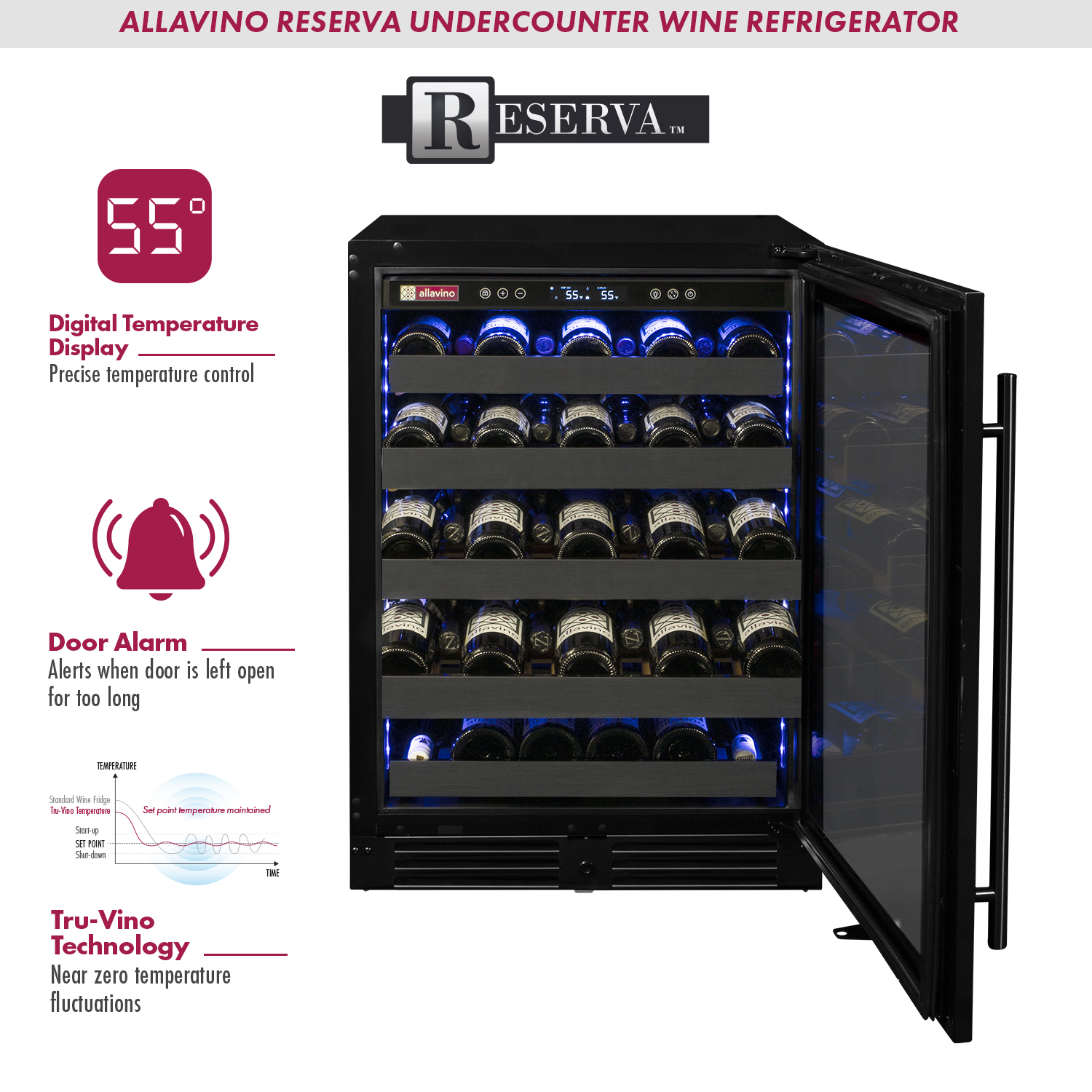 Reserva Series 50 Bottle Single Zone Built-in Luxury Wine Refrigerator with Black Stainless Steel Door - Right Hinge - Allavino BDW5034S-1BSR - Allavino - Wine Fridge Pros