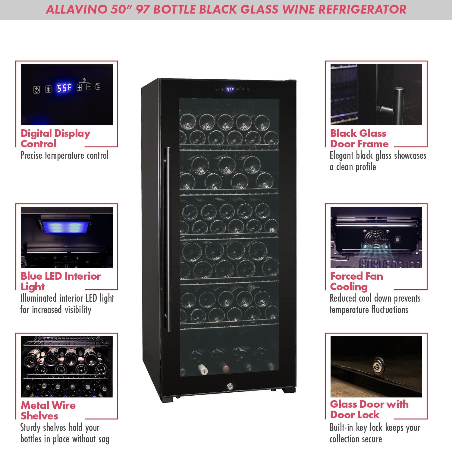 Contemporary 102 Bottle Single Zone Freestanding Wine Refrigerator with Black Glass Door - Allavino KWR102S-1BGR - Allavino - Wine Fridge Pros
