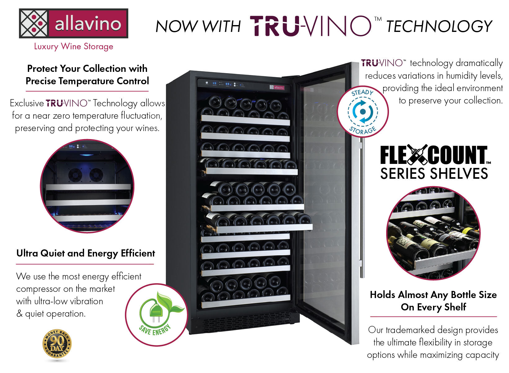 47" Wide FlexCount II Tru-Vino 256 Bottle Dual Zone Stainless Steel Side-by-Side Wine Refrigerator - Allavino 2X-VSWR128-1S20 - Allavino - Wine Fridge Pros