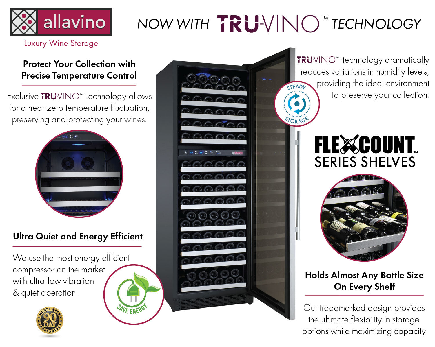 47" Wide FlexCount II Tru-Vino 344 Bottle Four-Zone Stainless Steel Side-by-Side Wine Refrigerator - Allavino 2X-VSWR172-2S20 - Allavino - Wine Fridge Pros