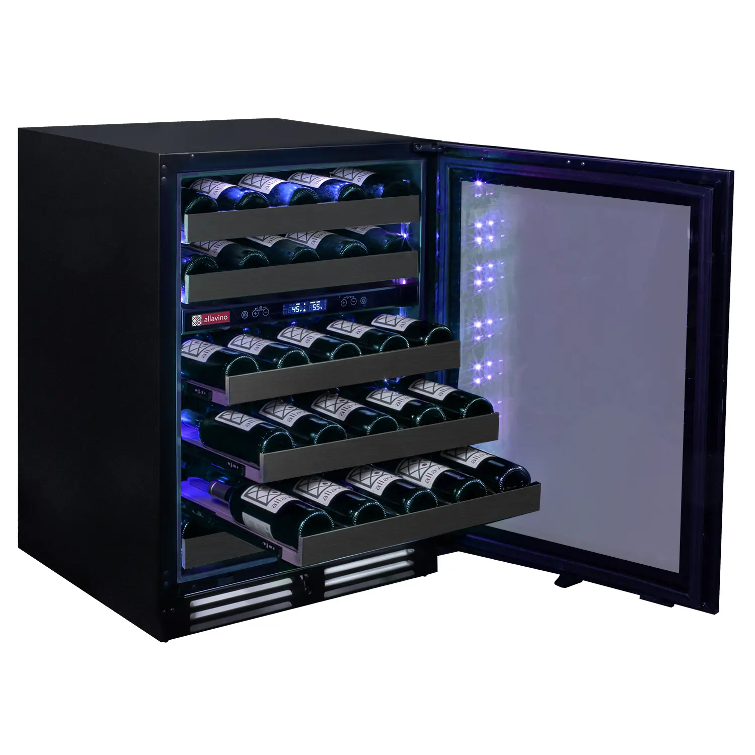 Reserva Series 50 Bottle Dual Zone Undercounter Wine Cooler Refrigerator with Black Stainless Steel Door - Right Hinge - Allavino BDW5034D-2BSR - Allavino - Wine Fridge Pros