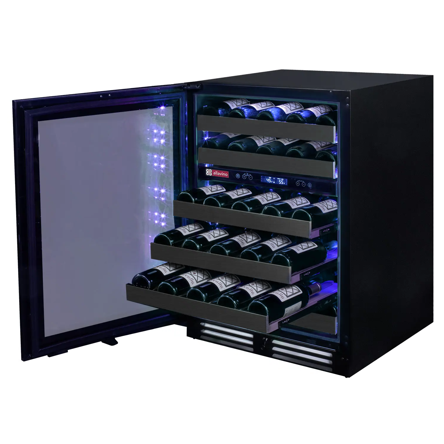 Reserva Series 50 Bottle 34" Tall Dual Zone Left Hinge Black Stainless Steel Wine Cooler Refrigerator - Allavino BDW5034D-2BSL - Allavino - Wine Fridge Pros