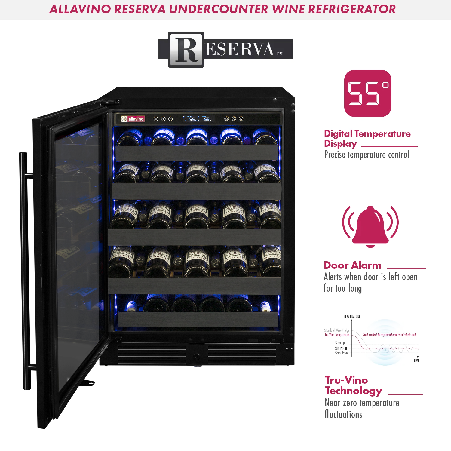 Reserva Series 50 Bottle 34" Tall Single Zone Left Hinge Black Stainless Steel Wine Cooler Refrigerator - Allavino BDW5034S-1BSL - Allavino - Wine Fridge Pros
