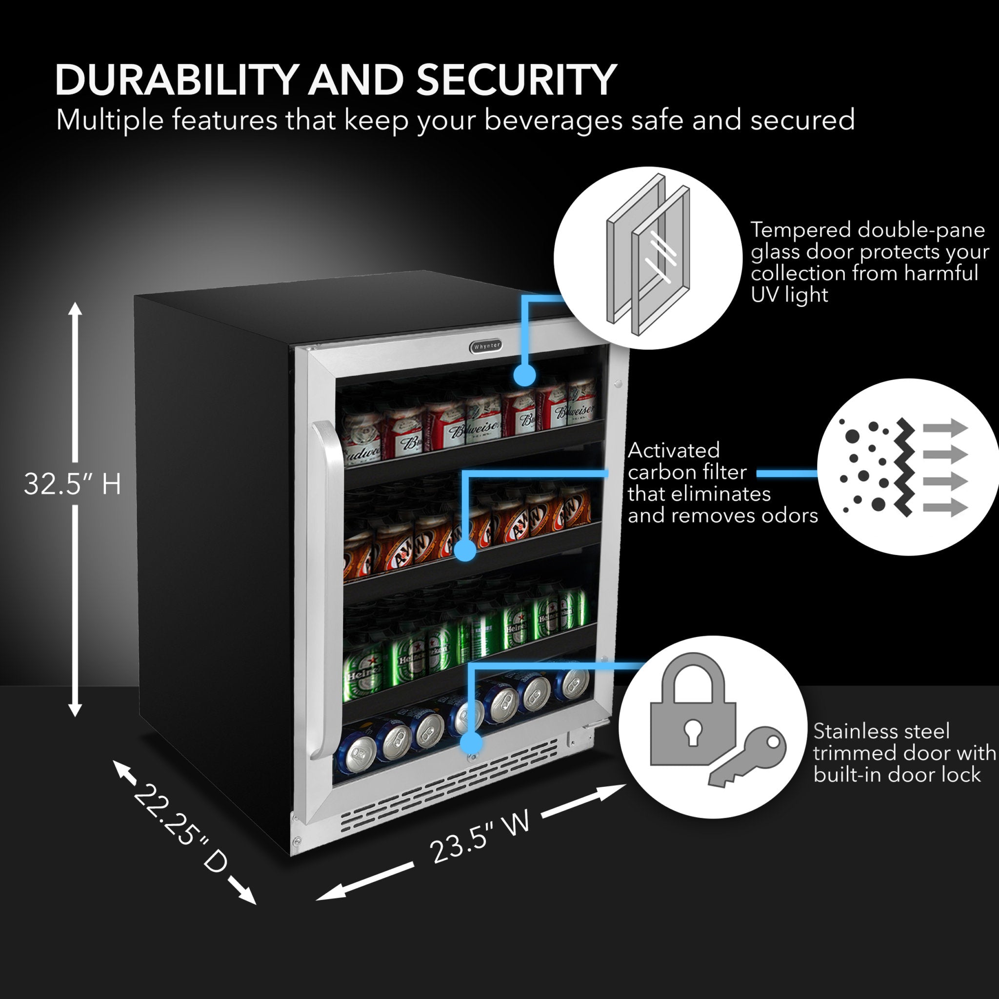 24″ Built-In 182 Can Undercounter Stainless Steel Beverage Refrigerator cooler with Reversible Door, Digital Control, Lock and Carbon Filter | BBR-148SB