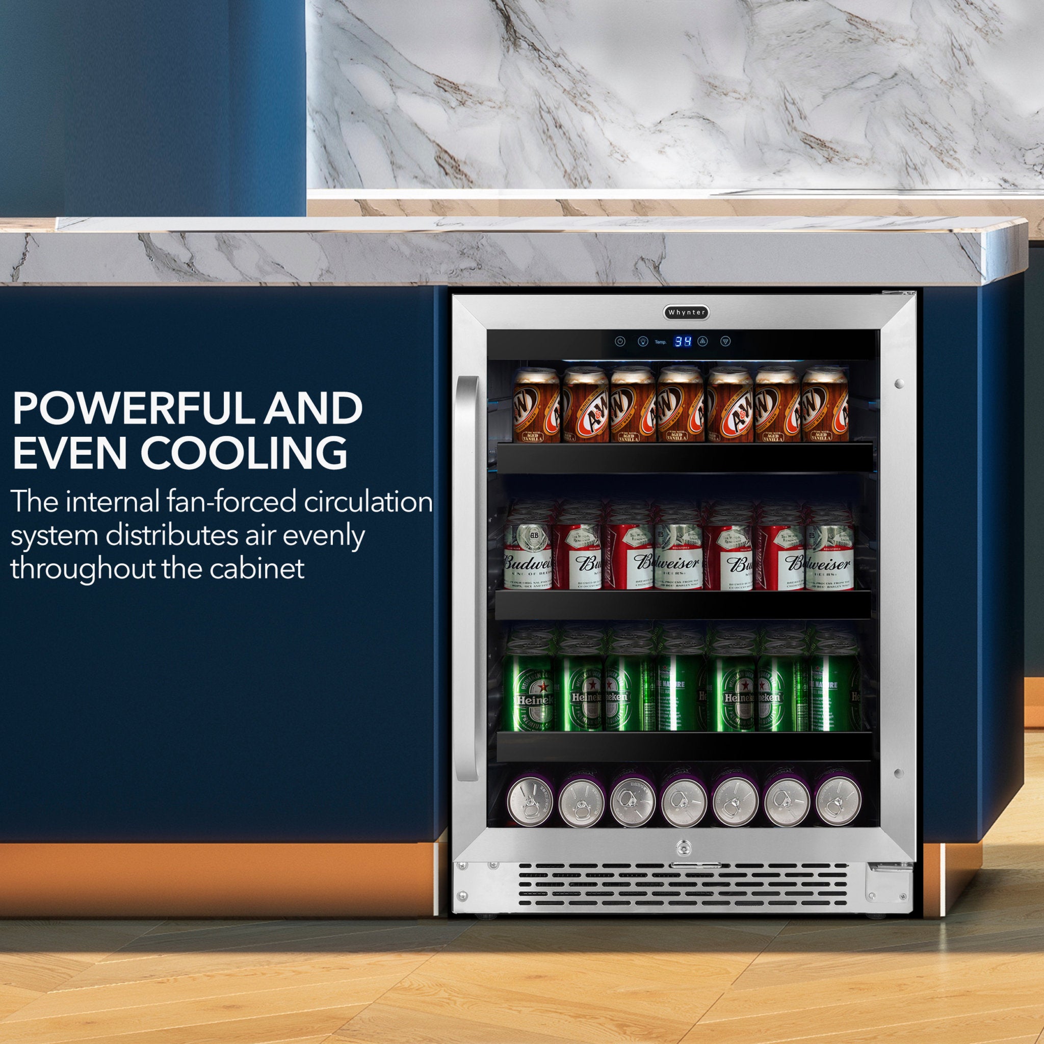 24″ Built-In 182 Can Undercounter Stainless Steel Beverage Refrigerator cooler with Reversible Door, Digital Control, Lock and Carbon Filter | BBR-148SB