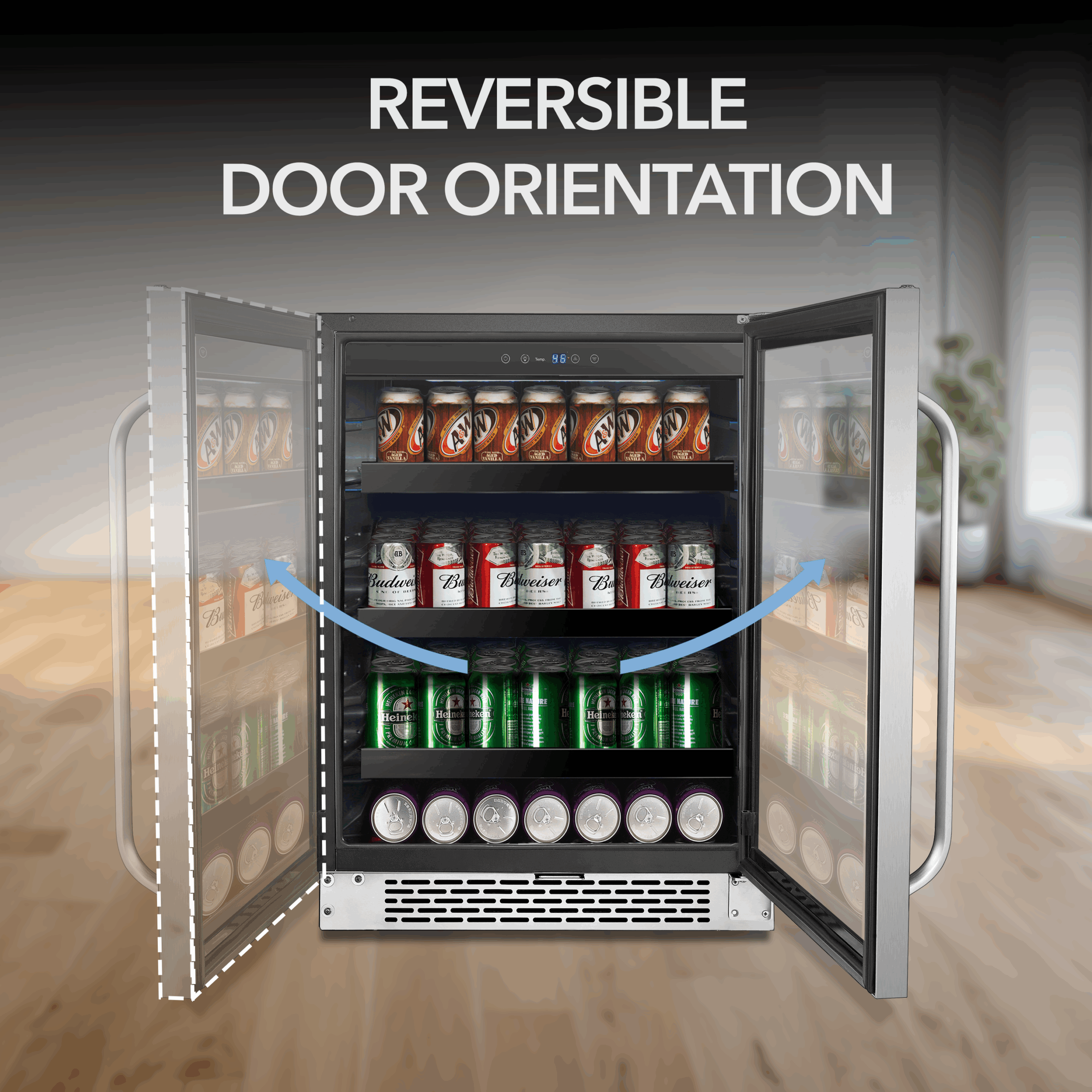24″ Built-In 182 Can Undercounter Stainless Steel Beverage Refrigerator cooler with Reversible Door, Digital Control, Lock and Carbon Filter | BBR-148SB