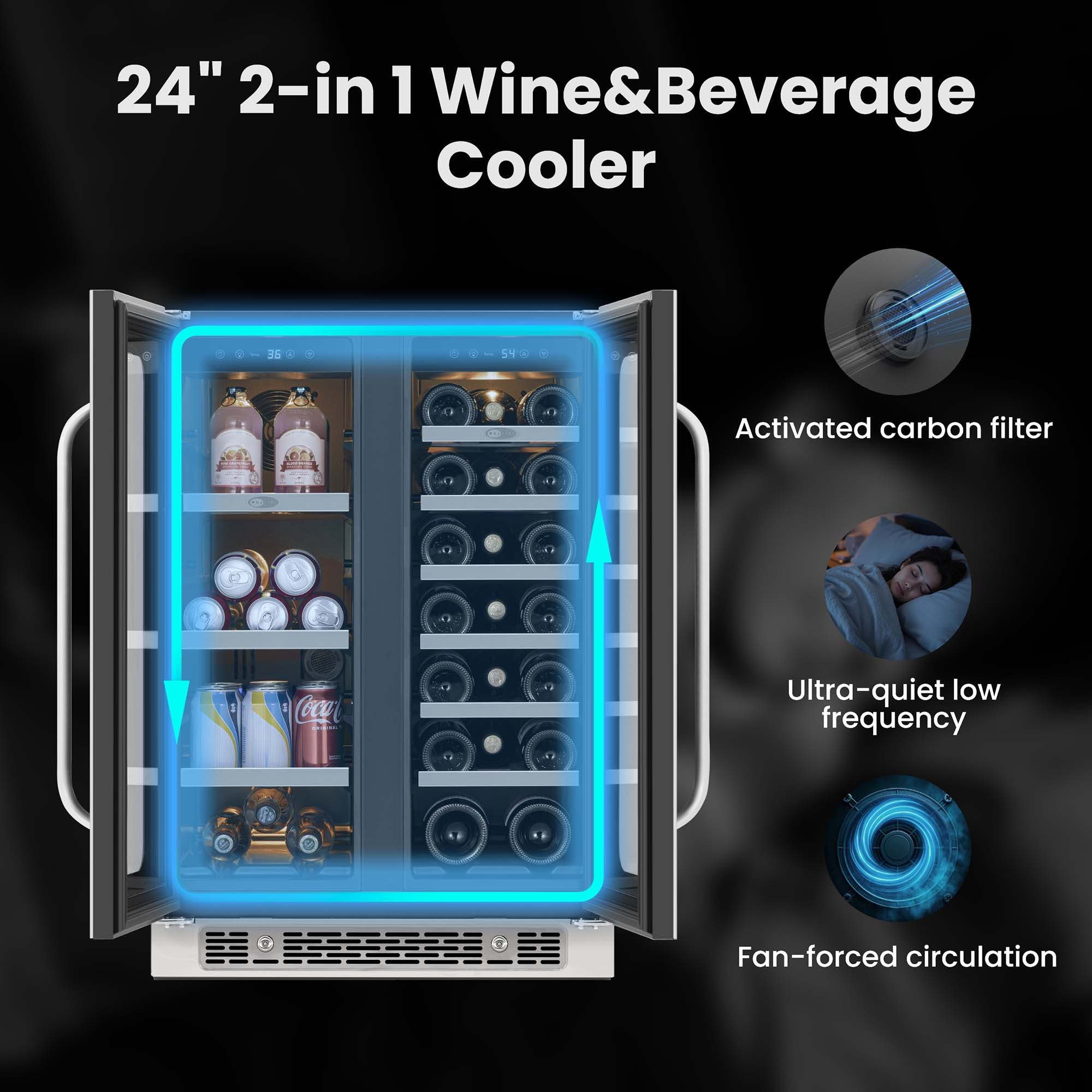 24″ Built-In French-door Dual Zone Seamless Stainless Steel 76 Can 20 Bottle Beverage/Wine Refrigerator | Whynter BSR-6020FDS