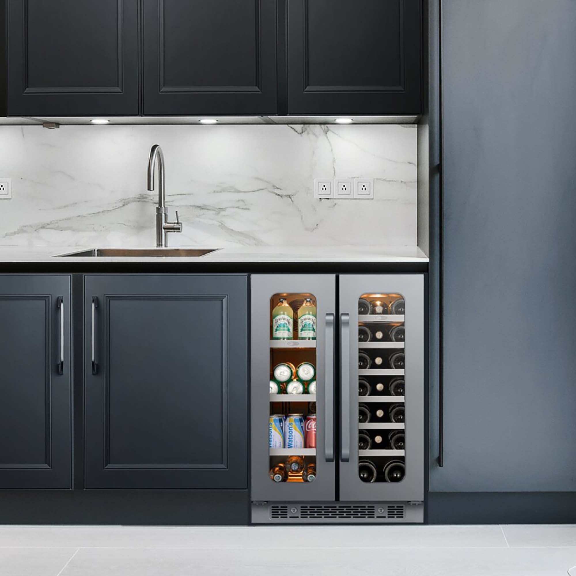 24″ Built-In French-door Dual Zone Seamless Stainless Steel 76 Can 20 Bottle Beverage/Wine Refrigerator | Whynter BSR-6020FDS