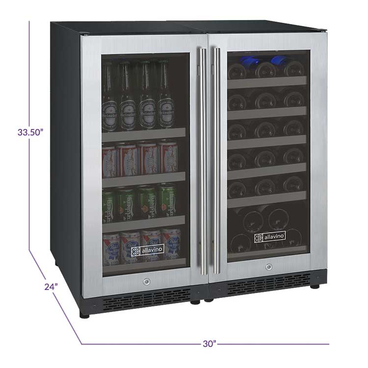 30" Wide FlexCount II Tru-Vino 30 Bottle/88 Can Dual Zone Stainless Steel Built-In Wine Refrigerator/Beverage Center - Allavino VSWB30-2SF20 - Allavino - Wine Fridge Pros