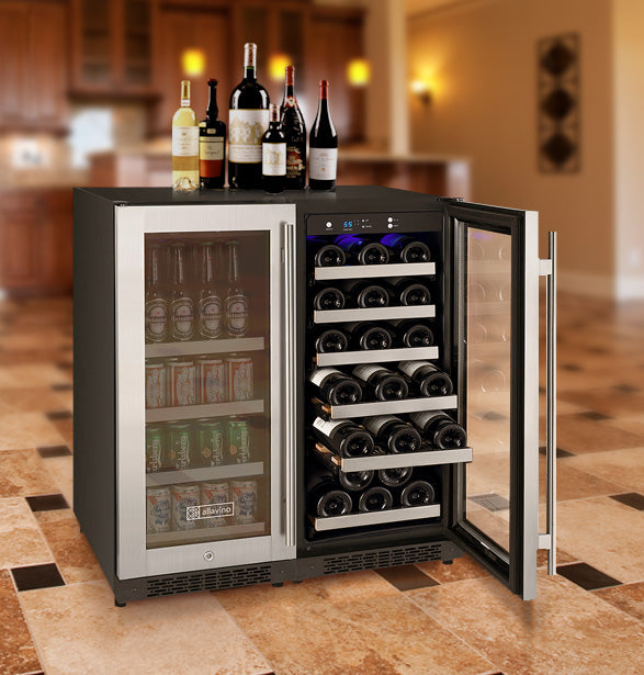 30" Wide FlexCount II Tru-Vino 30 Bottle/88 Can Dual Zone Stainless Steel Side-by-Side Wine Refrigerator/Beverage Center - Allavino 3Z-VSWB15-2S20 - Allavino - Wine Fridge Pros