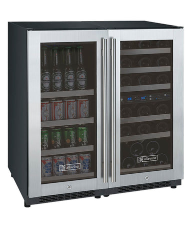 30" Wide FlexCount II Tru-Vino 30 Bottle/88 Can Dual Zone Stainless Steel Side-by-Side Wine Refrigerator/Beverage Center - Allavino 3Z-VSWB15-3S20 - Allavino - Wine Fridge Pros